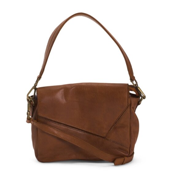 VILENCA Cognac Leather Asymmetrical Flap Shoulder Bag - Picture 1 of 2